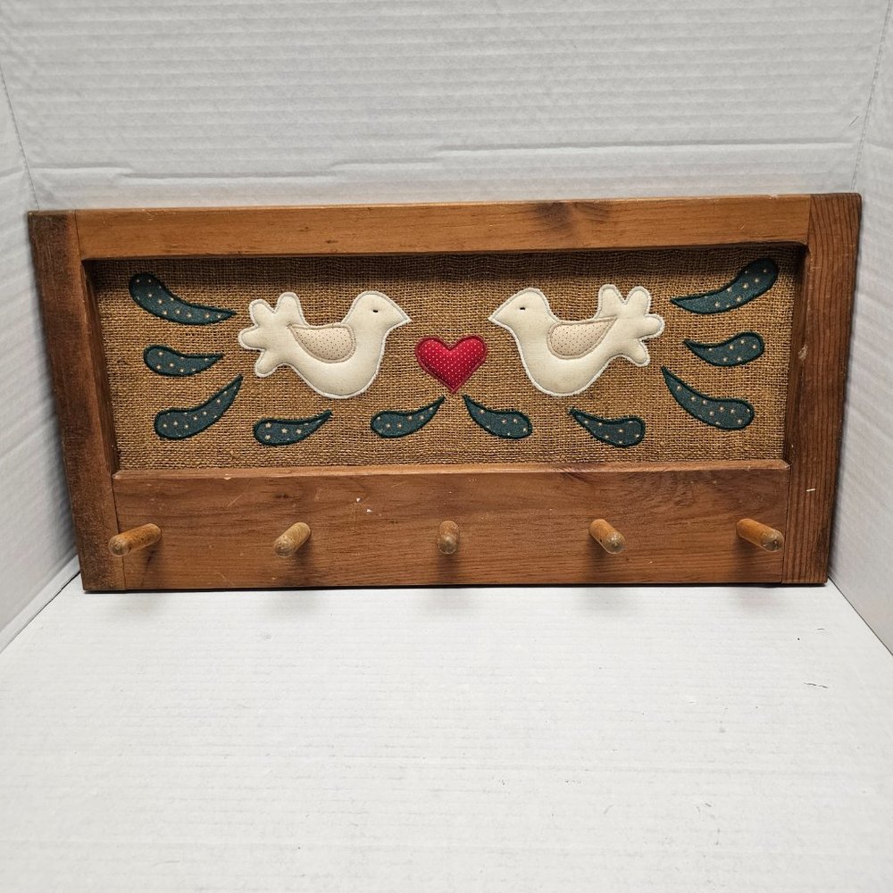 Vintage Cottage Wooden Burlap Bird Heart Wood Peg Coat Rack Grannycore Decor